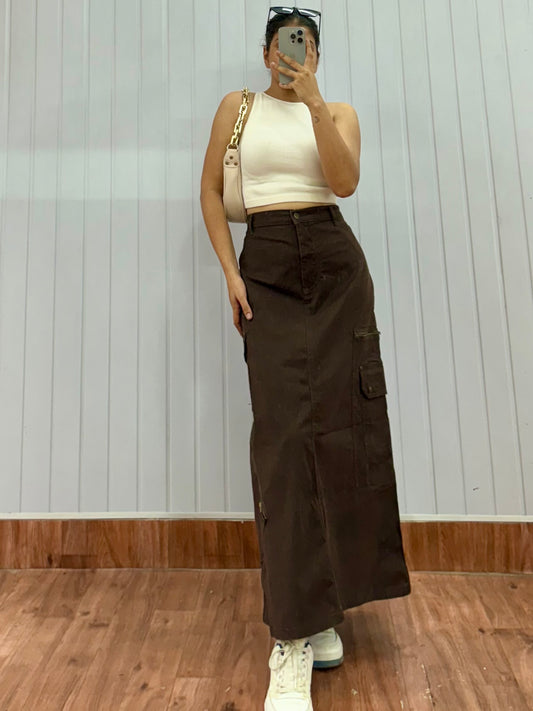 S101-30 Brown Cargo Denim Skirt