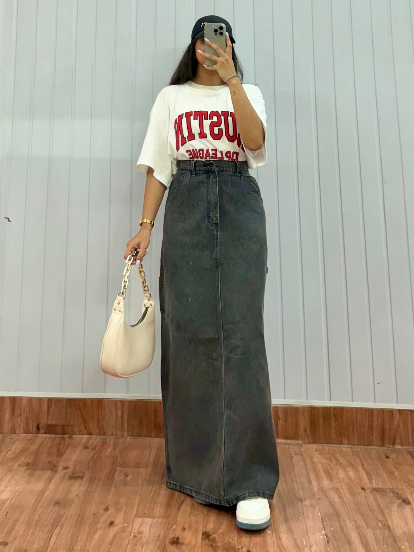 S48-32 Black Long Denim Skirt