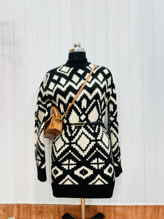 ST01-Black Long Jacquard Knit Sweater