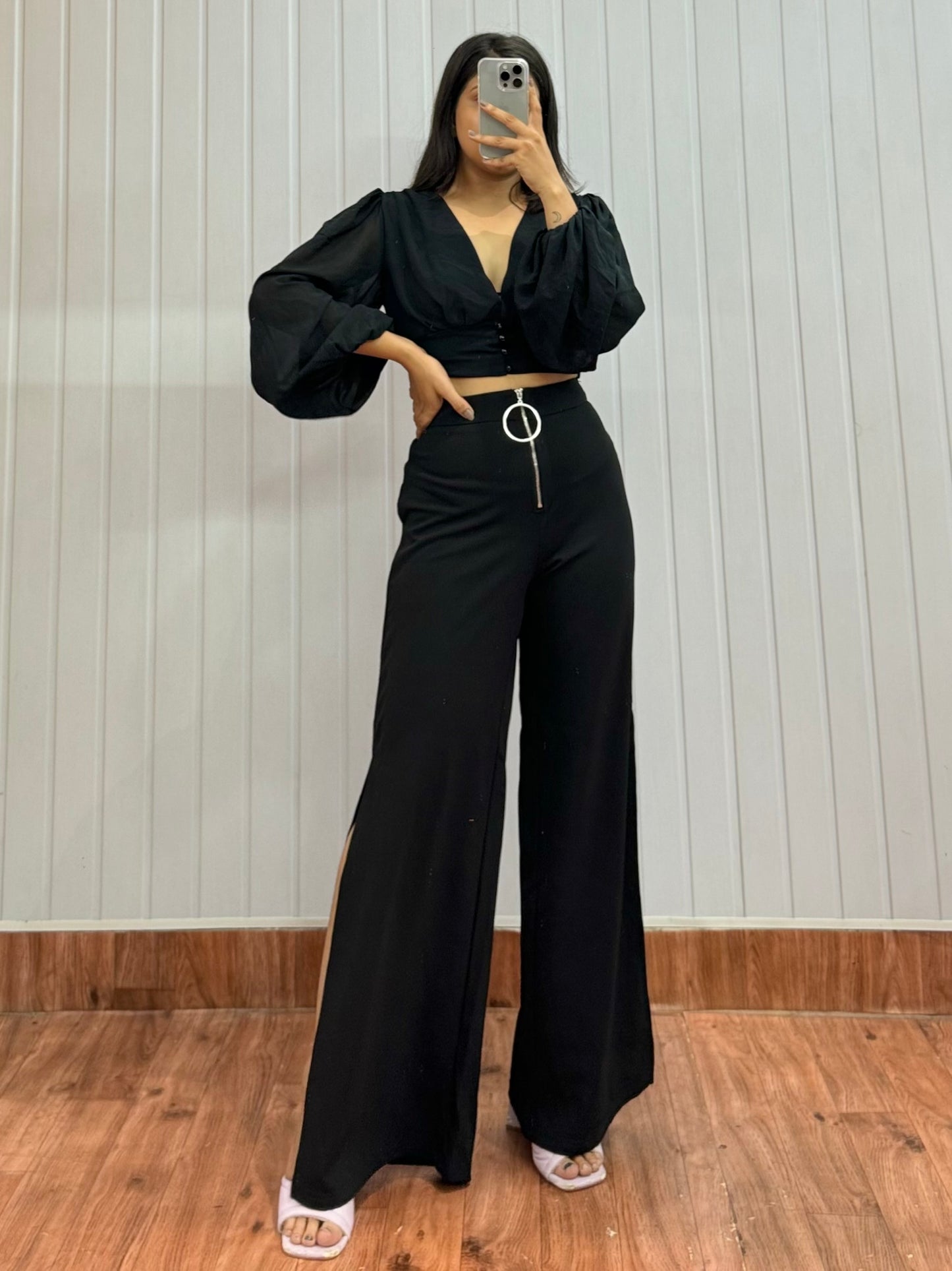 0610-28 Black Side Slit Trousers