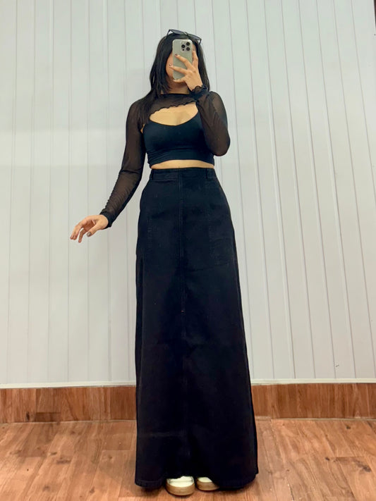 S19-34 Black Denim Long Skirt