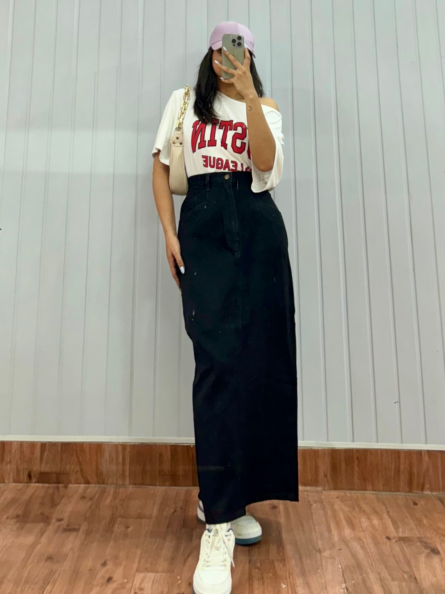 S77-28 Black Long Denim Skirt