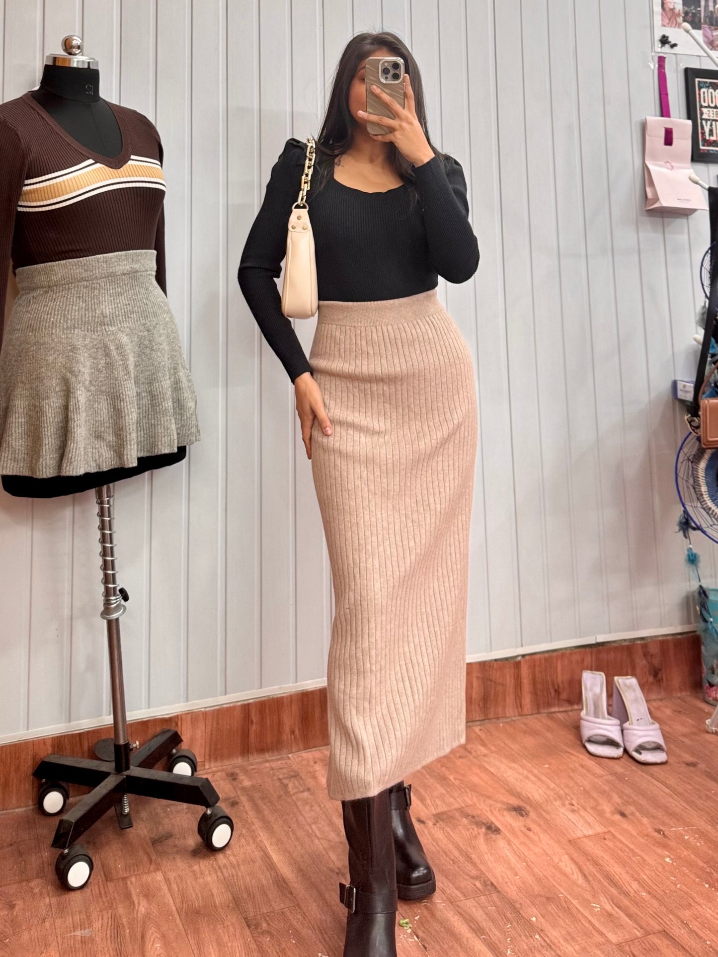 Beige Ribbed Skirt