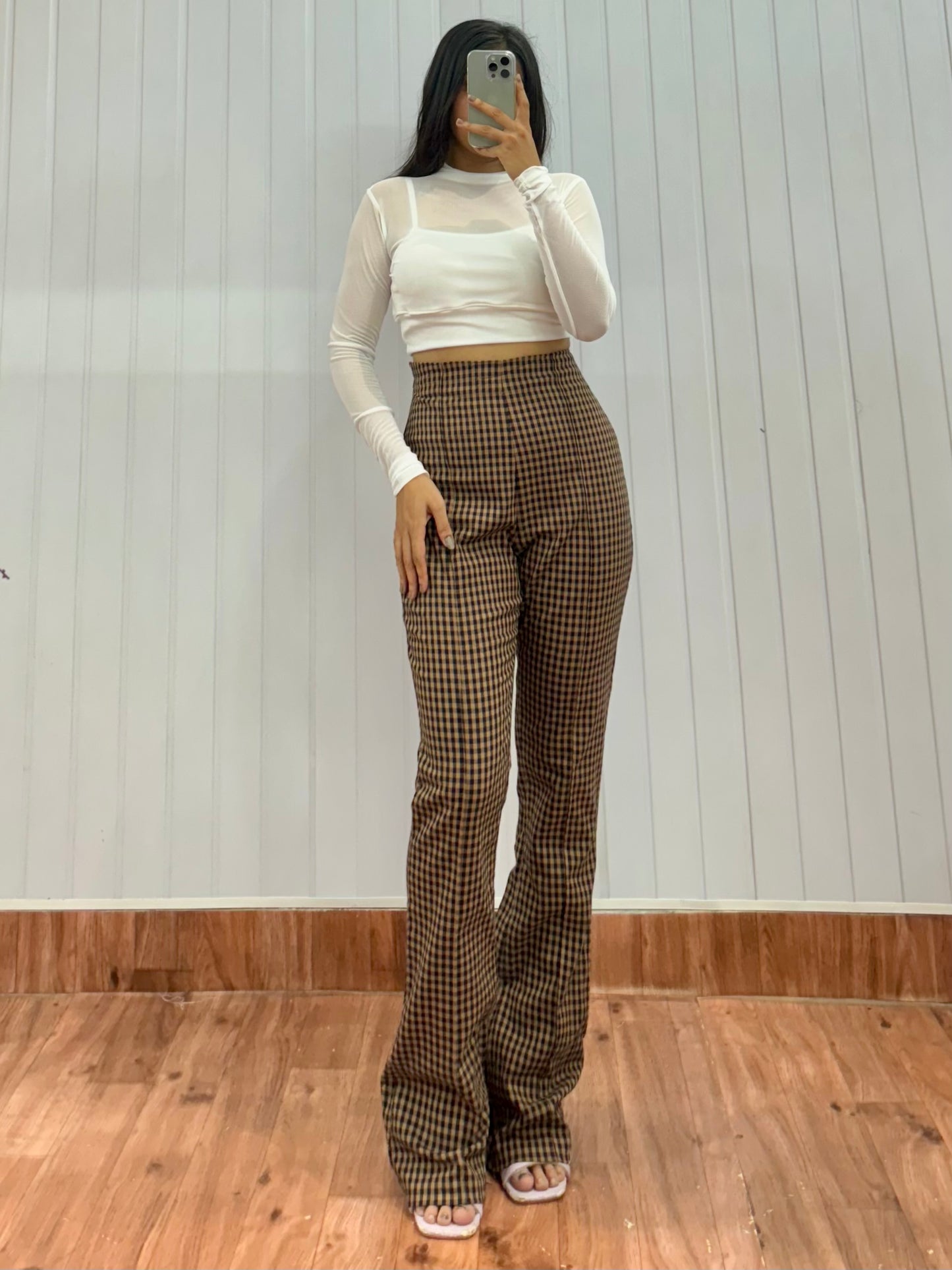 T05-28 Gingham Bootcut Trousers