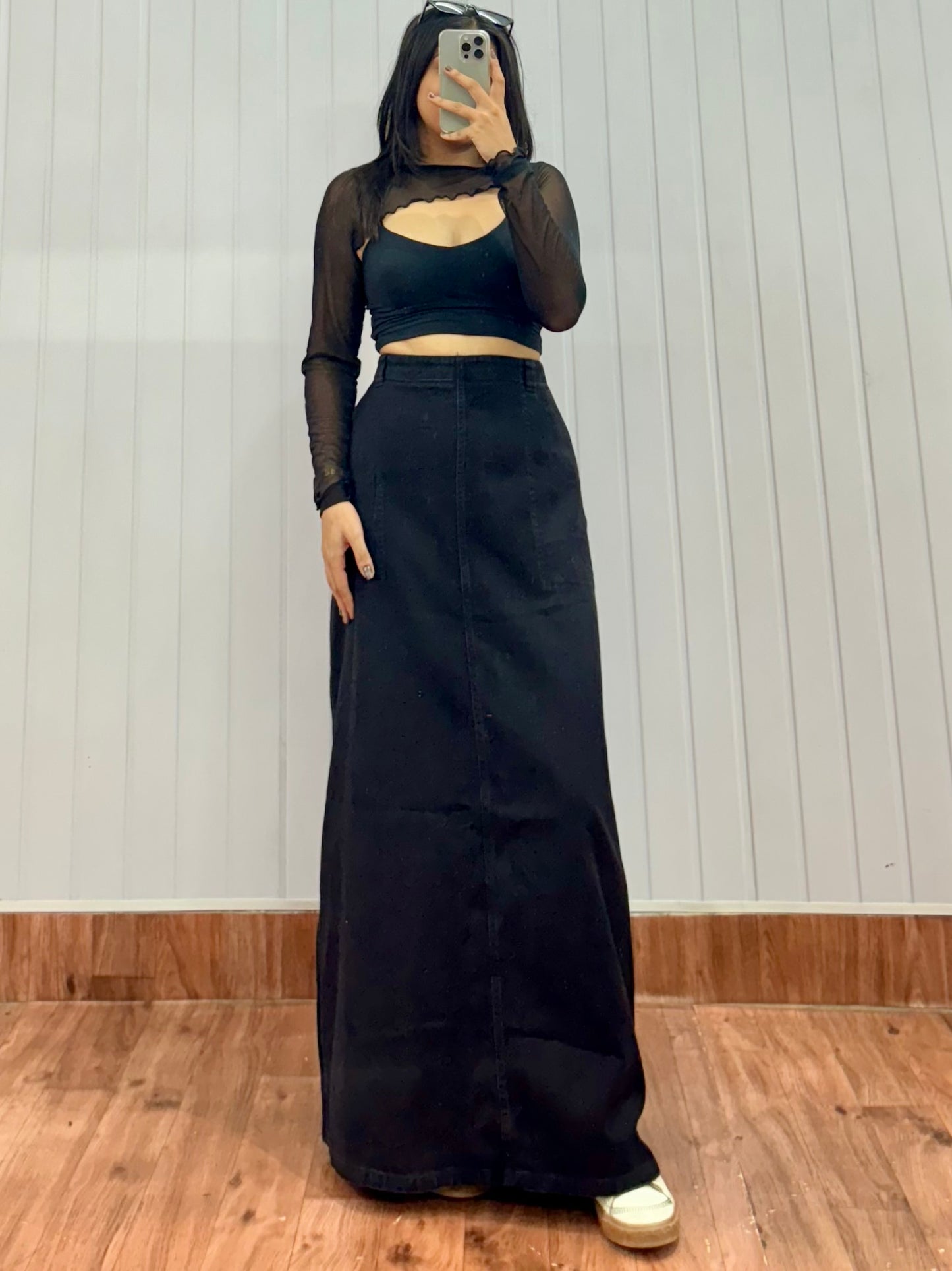 S19-34 Black Denim Long Skirt