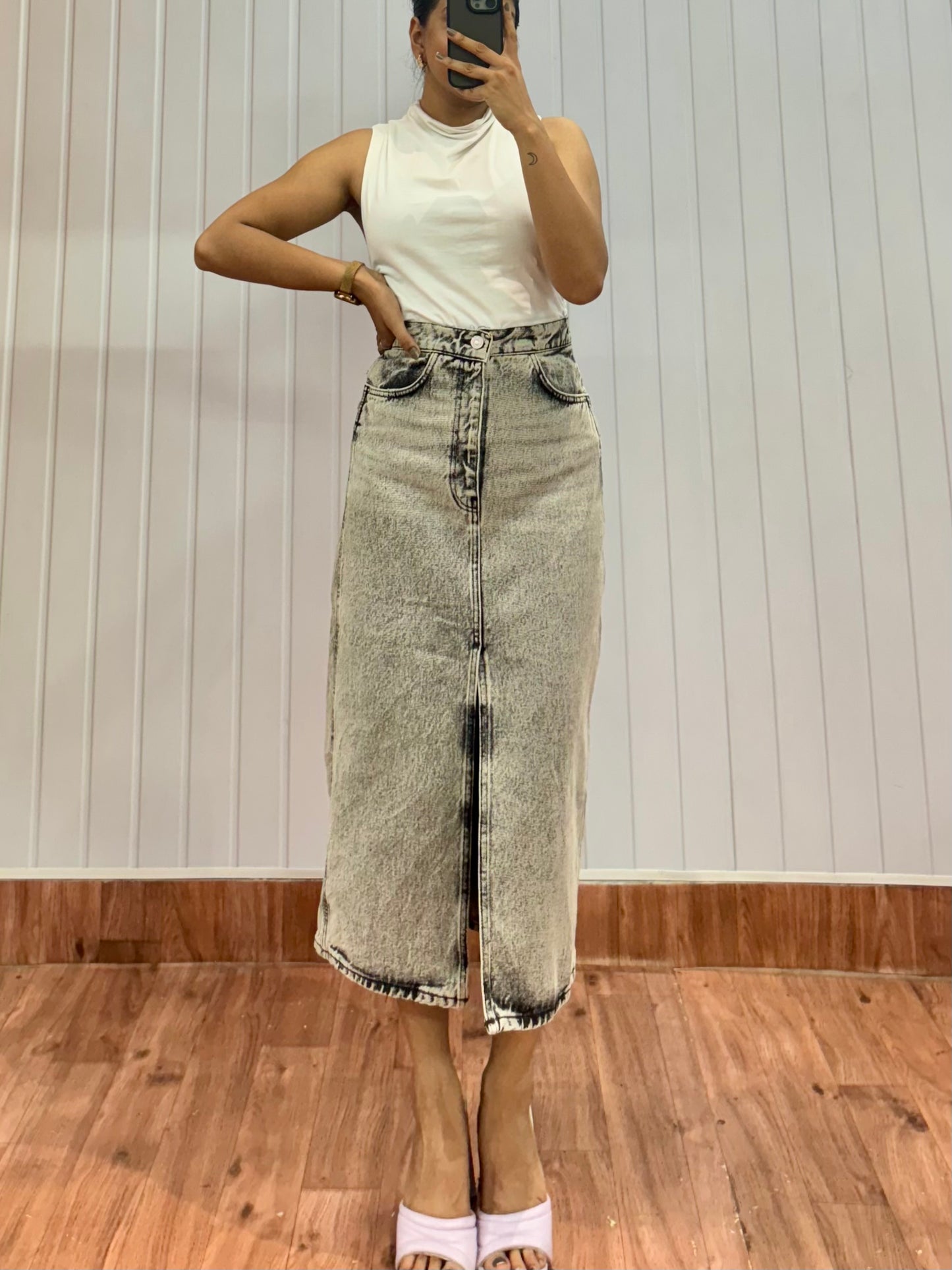 3005-26 Grey denim long skirt