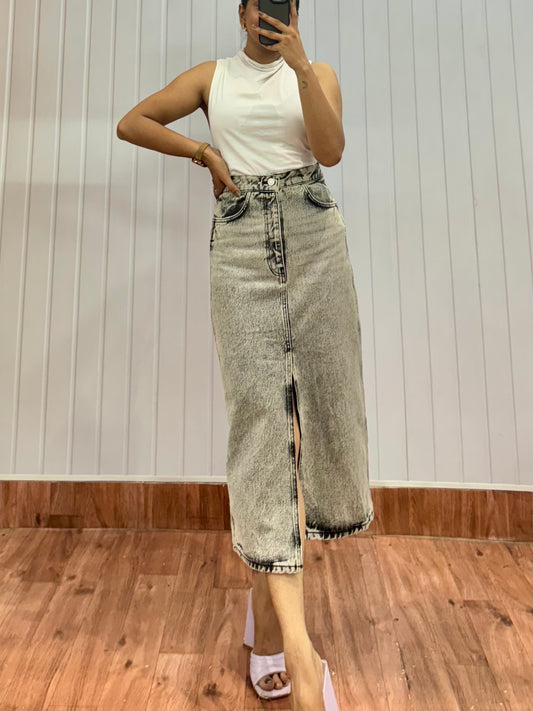 3005-26 Grey denim long skirt