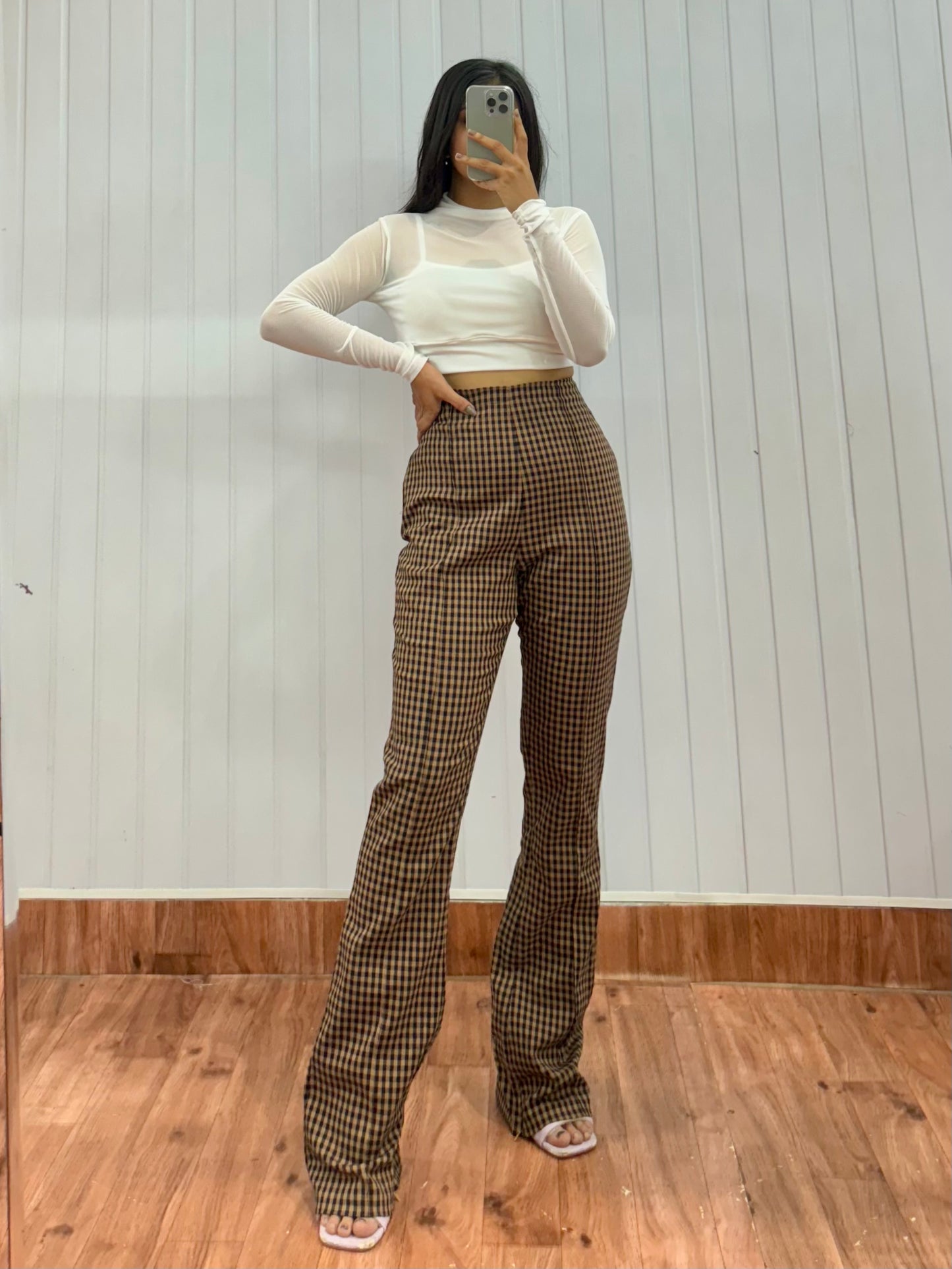 T05-28 Gingham Bootcut Trousers